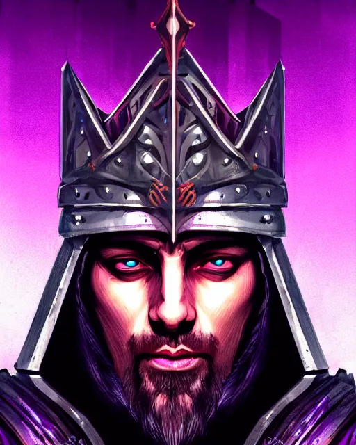 Image similar to a portrait of a medieval king, cyberpunk, purple color scheme, glowing eyes, grim - lighting, high - contrast, intricate, elegant, highly detailed, digital painting, artstation, concept art, smooth, sharp focus, illustration