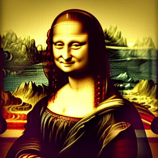 Image similar to Stunning studio photograph of Mona Lisa in a red dress smiling slightly for the camera, XF IQ4, f/1.4, ISO 200, 1/160s, 8K, RAW, unedited, symmetrical balance, in-frame, sharpened