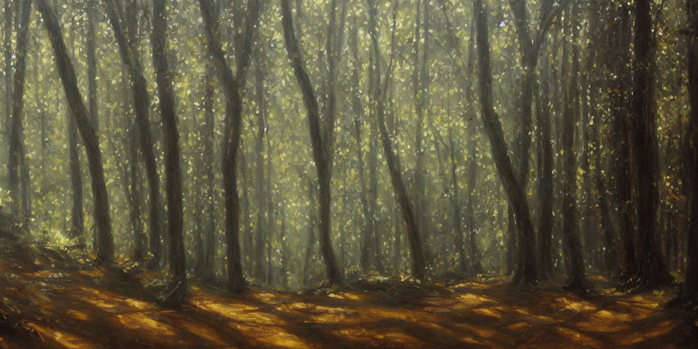 Image similar to The woods, cinematic lighting, detailed oil painting, hyperrealistic, 8k