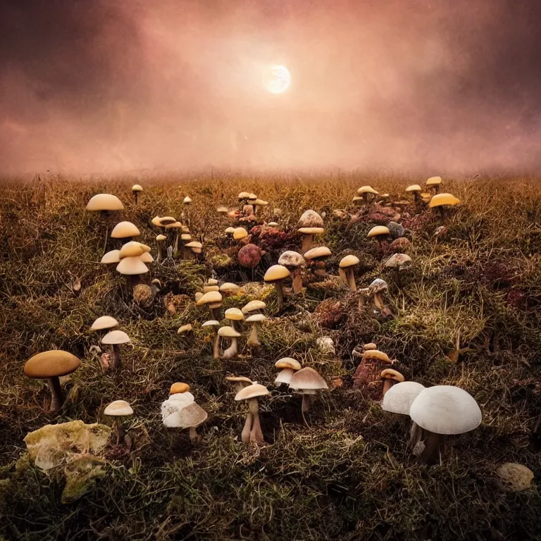 Image similar to a planet of various fungus, mushrooms and plants, inside the picture is infinity, sunset light, Atmospheric phenomenon, artistic photography, muted colors, conceptual, long exposure outside the city, volumetric light