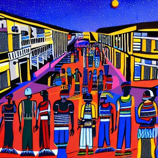 Prompt: ndebele city of the future, ndebele painted street scene, high definition, detailed, futuristic, night scene, realistic