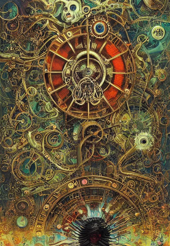 Prompt: simplicity, elegant, muscular eldritch clockwork, machinery, industry, radiating, colorful mandala, psychedelic, overgrown garden environment, by ryan stegman and hr giger and esao andrews and maria sibylla merian eugene delacroix, gustave dore, thomas moran, the movie the thing, pop art, street art, graffiti, saturated