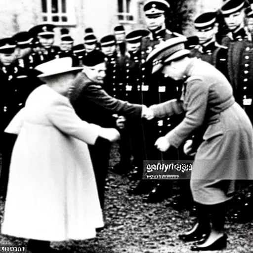 Image similar to ultra wide 1 9 4 6 blurry historical photo of a single german general bowing to a young queen elizabeth in a french village, her corgis are next to her highly detailed, sharp focus