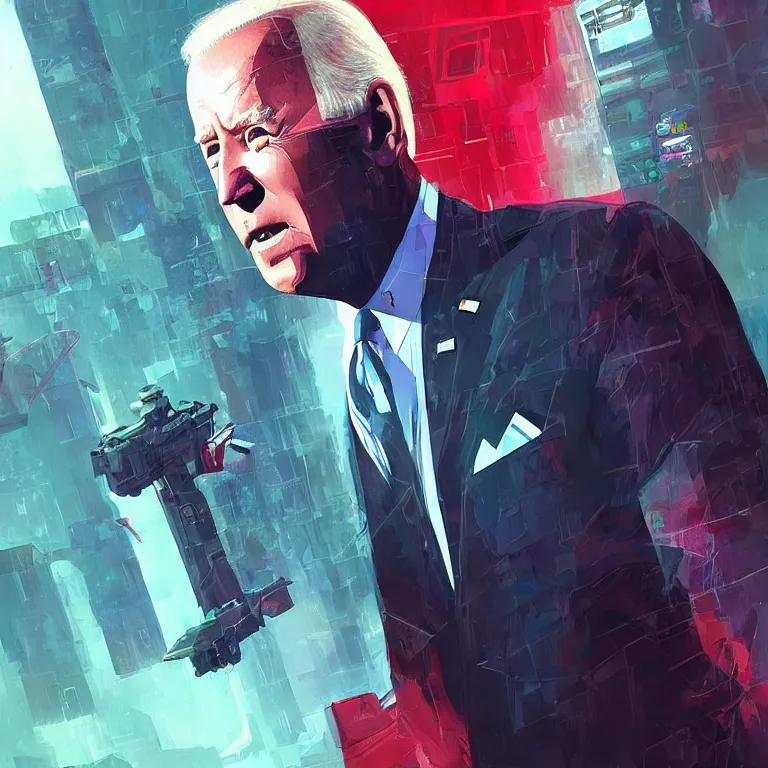Image similar to Joe Biden enters the metaverse, cyberpunk, striking, colorful, impactful, artstation