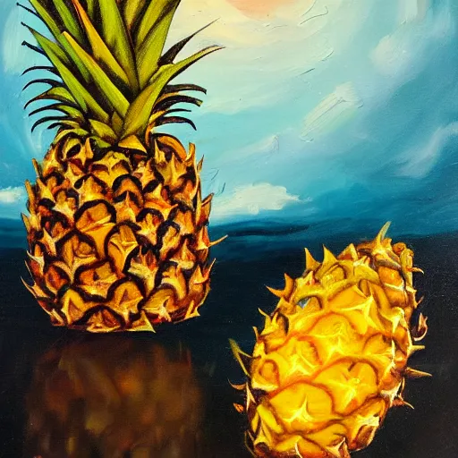 Prompt: a pineapple floating in space, oil painting