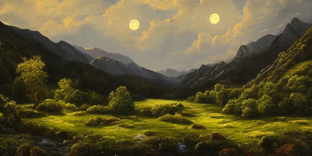 Prompt: a beautiful landscape painting of a mountainous valley with patches of woodland, night time moonlight, by antony bridge, oil on canvas, highly detailed, hd, 4 k