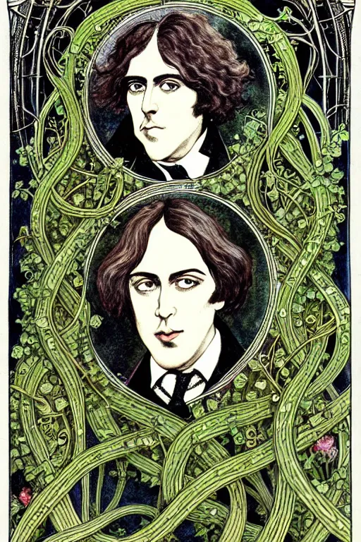 Image similar to realistic portrait of oscar wilde in the center of an ornate gothic frame with vines and stars, detailed art by kay nielsen and walter crane, illustration style, watercolor