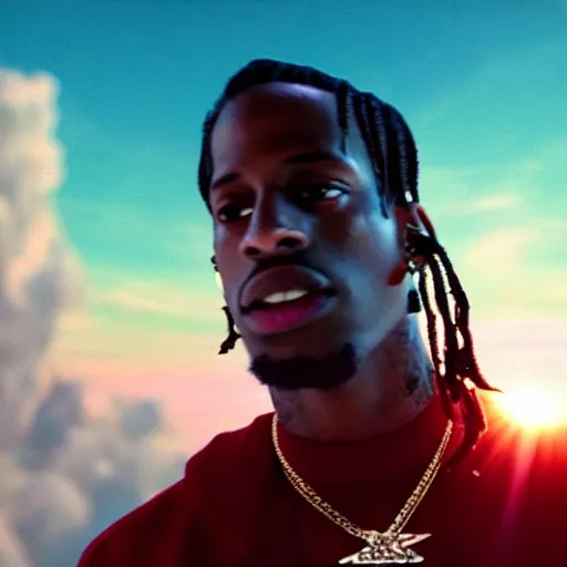 Prompt: Travis Scott sitting on a cloud over Earth, 4k, Aubrey Powell, vintage photo, beautiful cinematography, surreal, film grain