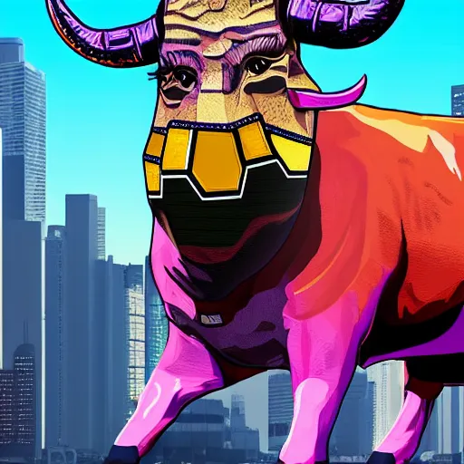 Prompt: human wearing a bull mask and a jersey in the style of gta v artwork, digital art, synthwave, sharp focus