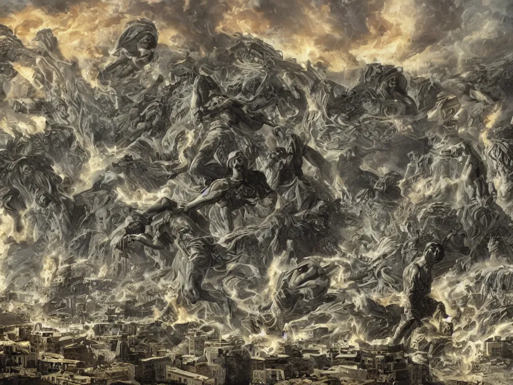 Image similar to giant greek statues attacking a city, city destruction ruins, debris flying around, swirls of fire