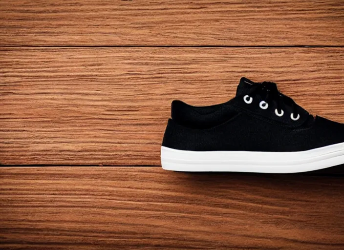 Image similar to clear highly detailed photorealistic topdown mockup product photograph of a realistic pair of black sneakers on a wooden background