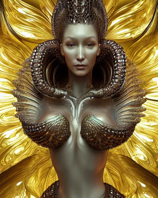 Image similar to a highly detailed metahuman 4 k close up render of an alien goddess bella hadid monument hydra in iris van herpen dress schiaparelli in diamonds crystals swarovski and jewelry iridescent in style of alphonse mucha gustav klimt trending on artstation made in unreal engine 4