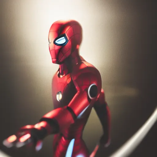 Prompt: a single iron man and spider - man hybrid, dslr, polaroid, cinematic, volumetric lighting