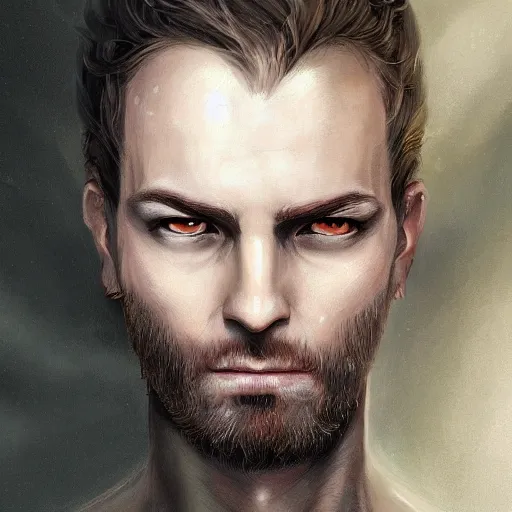 Image similar to a detailed matte head - on portrait painting of an middle - aged half - tiefling nobleman with golden eyes and short well kept hair, by charlie bowater, lise deharme, wlop, tending on arstation, dungeons and dragon, dnd, pathfinder, fanart, oil on canvas