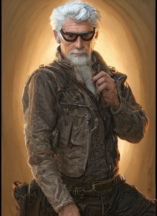 Image similar to a ruggedly handsome man with white hair and safety goggles, intricate, elegant, highly detailed, centered, digital painting, artstation, concept art, smooth, sharp focus, illustration, art by todd lockwood and donato giancola and Joseph Christian Leyendecker