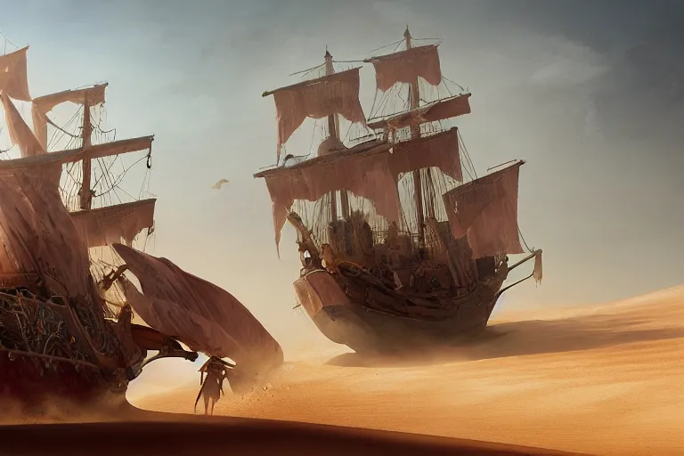 Image similar to a large ancient red pirate ship sailing the dunes in a vast arabian desert, by rutkowski, fantasy still movie, highly detailed, photorealistic, digital art, matte painting, hd illustration, trending on artstation