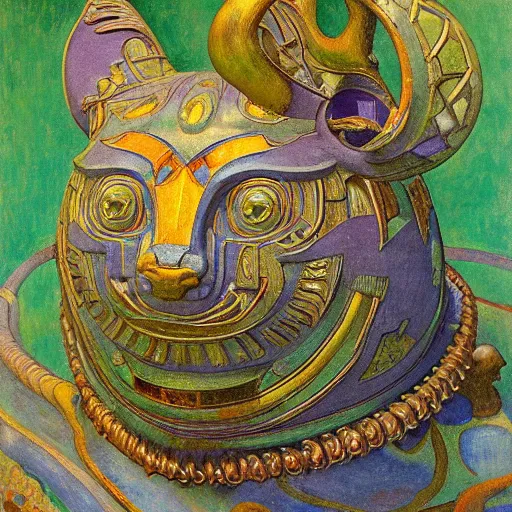 Prompt: ornate mechanical cat, by annie swynnerton and diego rivera and nicholas roerich and jean delville, symbolist, dramatic lighting, elaborate geometric ornament, art brut, colors are soft greens and blues and purple, smooth, sharp focus, extremely detailed, adolf wolfli and ( donato giancola )