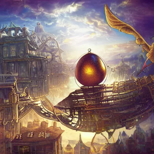 Image similar to flying egg - shaped steampunk city, fantasy art, sky in the background, detailed, behrens style