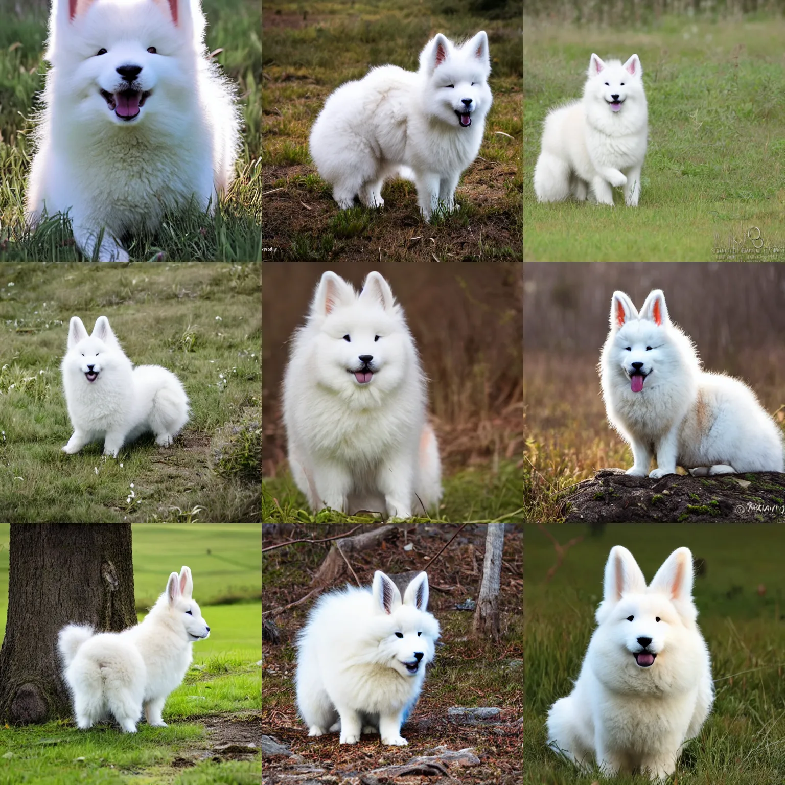 Prompt: a bunny-samoyed, floppy ears, wildlife photography