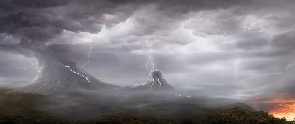 Image similar to a giant octopus tentacle hanging from the clouds over a rain forest, lightning storm and sun rays, ambient light, a volcano erupte, still from the movie the arrival, 8k