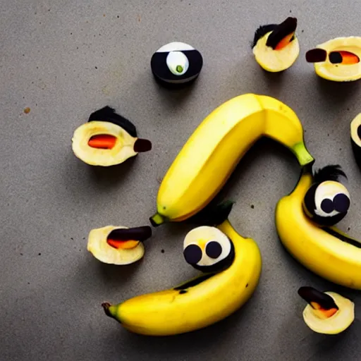 Image similar to professional photograph of banana ducks, peeled bananas with googly eyes and duck beaks