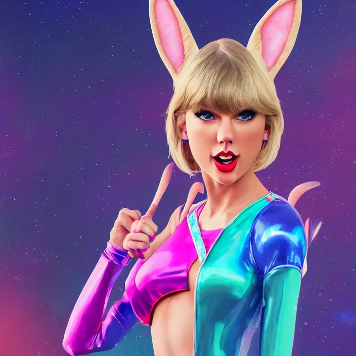 Image similar to portrait of Taylor Swift as LOLA BUNNY in SPACE JAM. HD, 4K. intricate abstract. intricate artwork. by Tooth Wu, wlop, beeple, dan mumford. octane render, trending on artstation, greg rutkowski very coherent symmetrical artwork. cinematic, hyper realism, high detail, octane render, 8k, iridescent accents, bunny ears