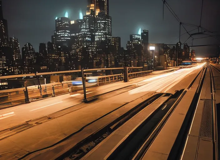 Prompt: futuristic metro train drives on overpass bridge over busy nyc street at night, cinematic lighting, still photo