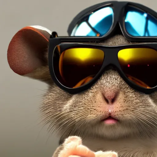 Prompt: close up of gerbil wearing sunglasses while a nuclear bomb explodes in the distance, mushroom-cloud, pixar, cyberpunk, polygonal