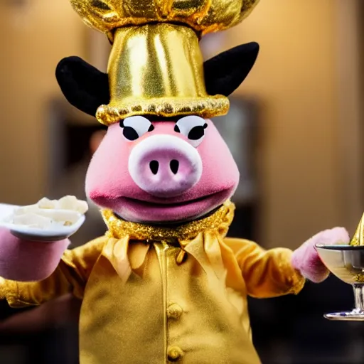 Image similar to pig waiter wearing a gold crown as a Muppet holding a silver platter 8k