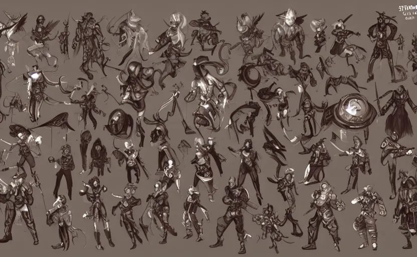 Image similar to character roster concept drawing for a steampunk fantasy themed tactical rpg, artwork by ross tran