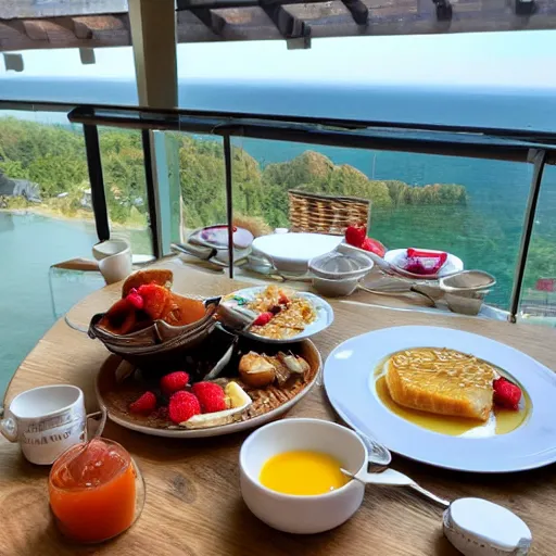 Image similar to beautiful breakfast with beautiful stunning view