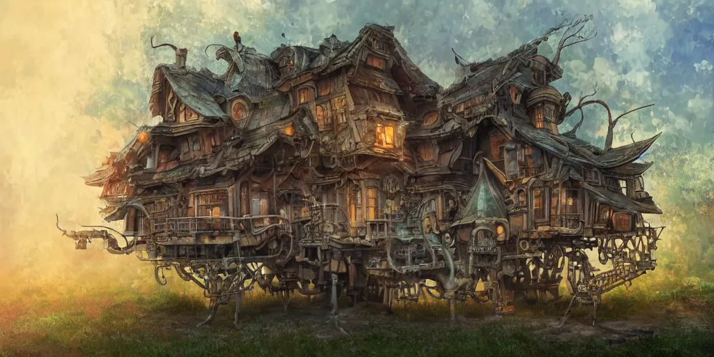 Image similar to a house with mechanical legs, Baba Yaga, cinematic angle, studio Ghibli, volumetric lighting, bold, beautiful composition, intricate, elegant, digital art, detailed oil painting, hyperrealistic, sharp focus, 8k