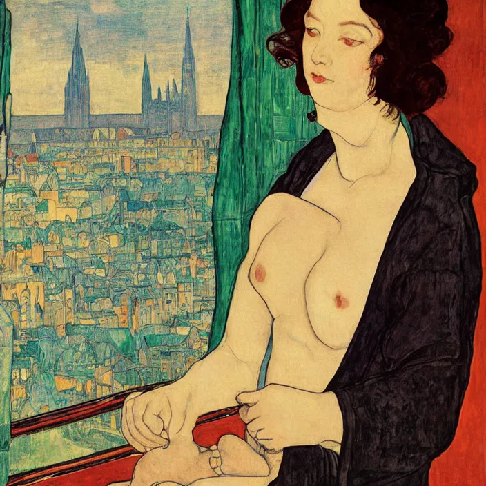 Image similar to close portrait of woman in night gown with cat and aloe vera, with city with gothic cathedral seen from a window frame with curtains. sun through the clouds. georges de la tour, egon schiele, henri de toulouse - lautrec, utamaro, monet