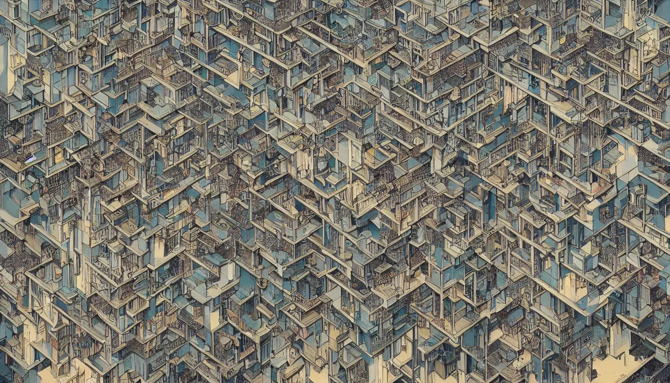 Prompt: architecture by mc escher and victo ngai