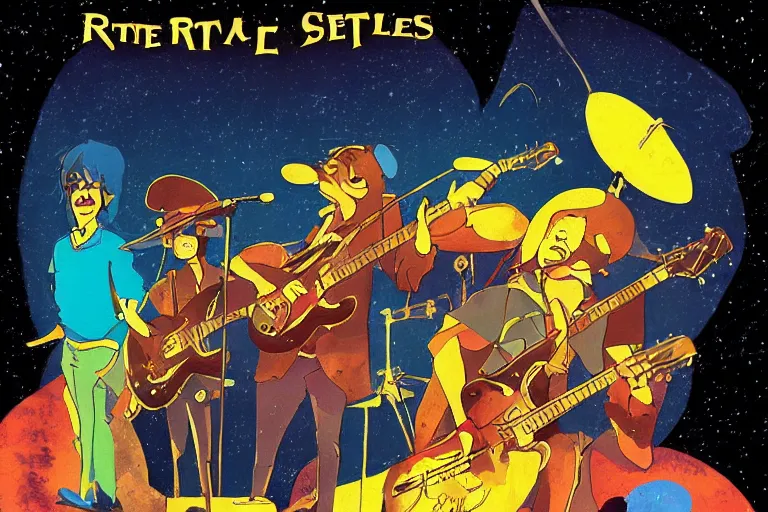 Image similar to rats playing in a rock band inspired by the beatles, art style by disney, studio ghibli, pixar, intricated, beautiful, dreamlike, 7 0 s pallete, high quality, trending on artstation