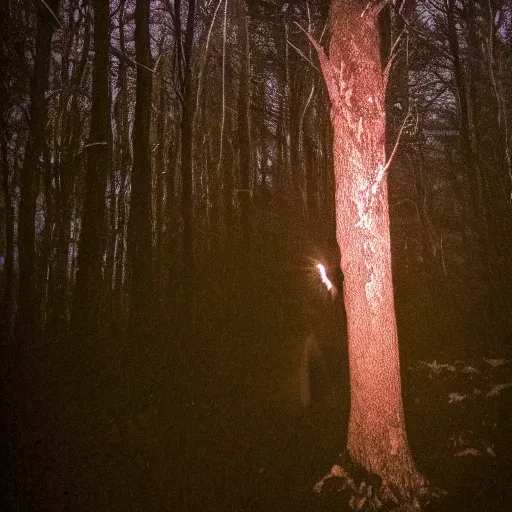 Image similar to grainy trail cam photo still of an alien in the woods at night hiding in the trees of a forest