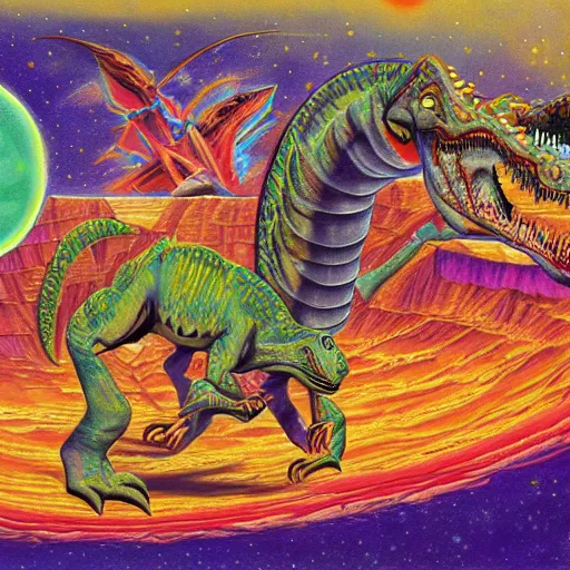 Image similar to painting of the extinction of the dinosaurs with asteroid and fire, in the style of alex grey