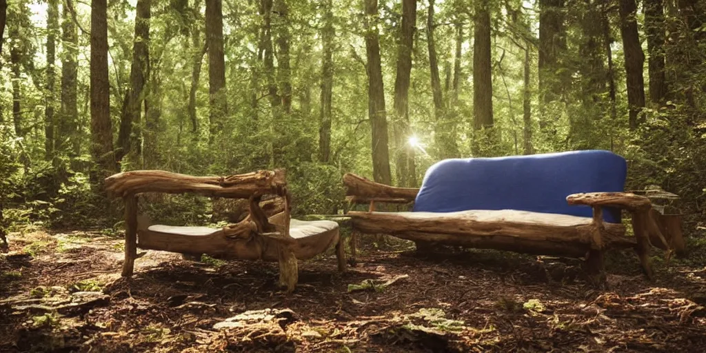 Image similar to a couch in the middle of a forest, beautiful ambient light, 8k photography