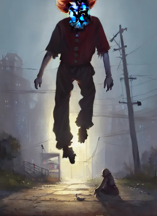 Prompt: Highly detailed full-body portrait of homeless Pennywise, in GTA V, Stephen Bliss, unreal engine, fantasy art by Greg Rutkowski, Loish, Rhads, Makoto Shinkai and Lois van baarle, ilya kuvshinov, rossdraws, Tom Bagshaw, global illumination, radiant light, detailed and intricate environment