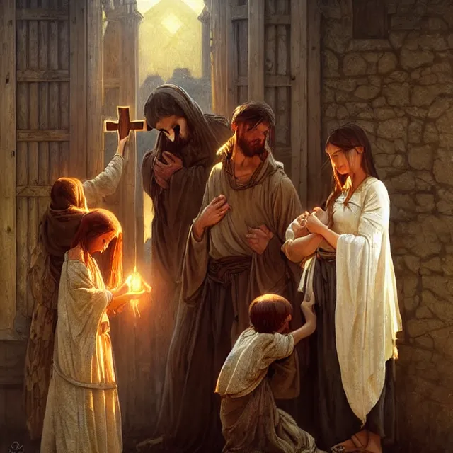 Prompt: poor hungry family praying to a cross, emotional sad painting, very poor, cross, christianity, medieval peasants, fantasy, cruel, dramatic lighting, intricate, wild, highly detailed, digital painting, artstation, concept art, smooth, sharp focus, illustration, art by artgerm and greg rutkowski and alphonse mucha