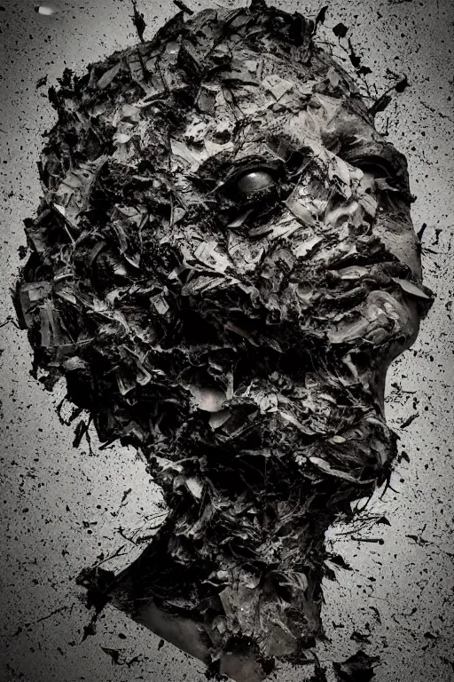 Prompt: a dark high quality studio portrait of an exploding human head made from antique newspaper, intricate, morbid, dark cinematic lighting, surreal photography, style by ashley wood