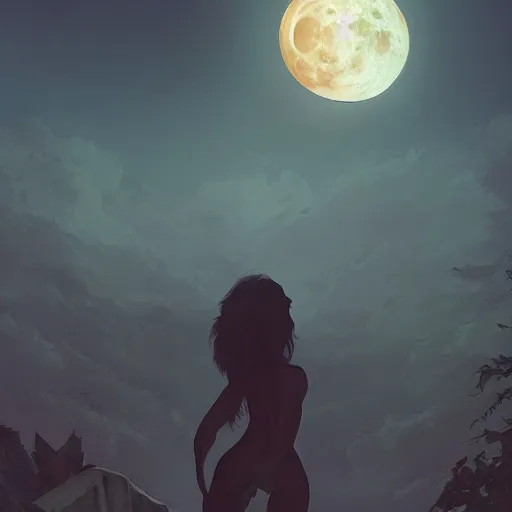 Image similar to a werewolf turning back into a human as the full moon dips behind clouds, ancient graveyard, ambient lighting, 4 k, frank frazetta, lois van baarle, ilya kuvshinov, rossdraws, erol otus, artstation