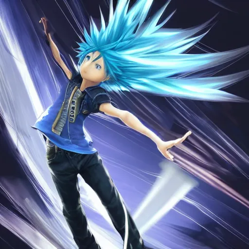 Image similar to a blue haired boy in a dynamic pose. character design. gesture drawing. line of action. official art, concept art. tetsuya nomura. final fantasy. shigenori soejima medium shot. ray tracing hdr. 8 k. uhd. sharp focus. symmetrical. coherent highly detailed. masterpiece. cinematic lighting..