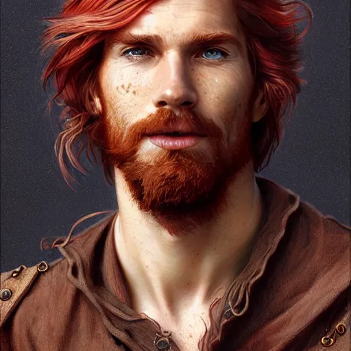 Image similar to portrait of a young ruggedly handsome but joyful pirate, soft freckles, male, masculine, upper body, red crimson hair, long long flowing hair, fantasy, proud smirk, intricate, elegant, highly detailed, digital painting, artstation, concept art, matte, sharp focus, illustration, art by artgerm and greg rutkowski and alphonse mucha