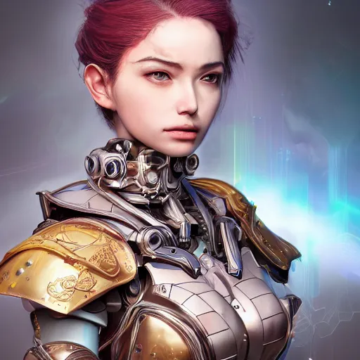 Image similar to studio portrait of lawful good colorful female holy mecha paladin absurdly beautiful, elegant, young sensual graceful woman, ultrafine hyperrealistic detailed face illustration by kim jung gi, irakli nadar, intricate linework, sharp focus, bright colors, matte, octopath traveler, final fantasy, unreal engine highly rendered, global illumination, radiant light, intricate environment