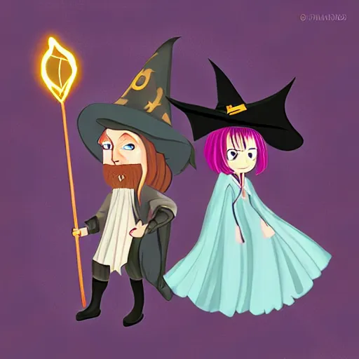 Image similar to a wizard and a witch, in the style of steven rhodes