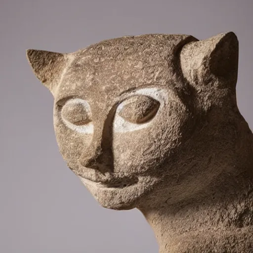 Prompt: close - up museum photo of an ancient limestone statue of a slim walking cat, with letter ה on its head, clay, egypt's, studio lighting, professional, promo,