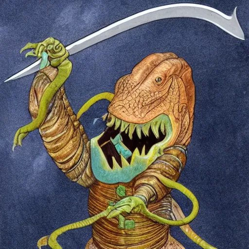 Prompt: a humanoid eel creature holding a swashbuckling sword