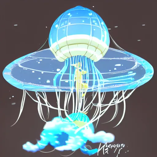 Image similar to A giant flying jellyfish spaceship, anime style