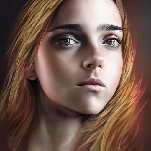 Image similar to portrait of girl who look like a mix of emma watson, scarlett johansson, nathalie portman, david rutkowski very detailled, by artgem